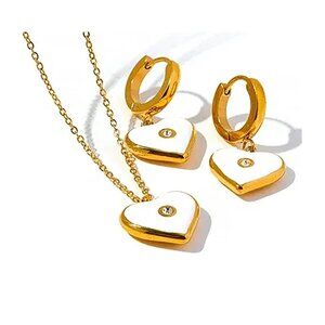 White Enamel Heart Earrings and Necklace Set